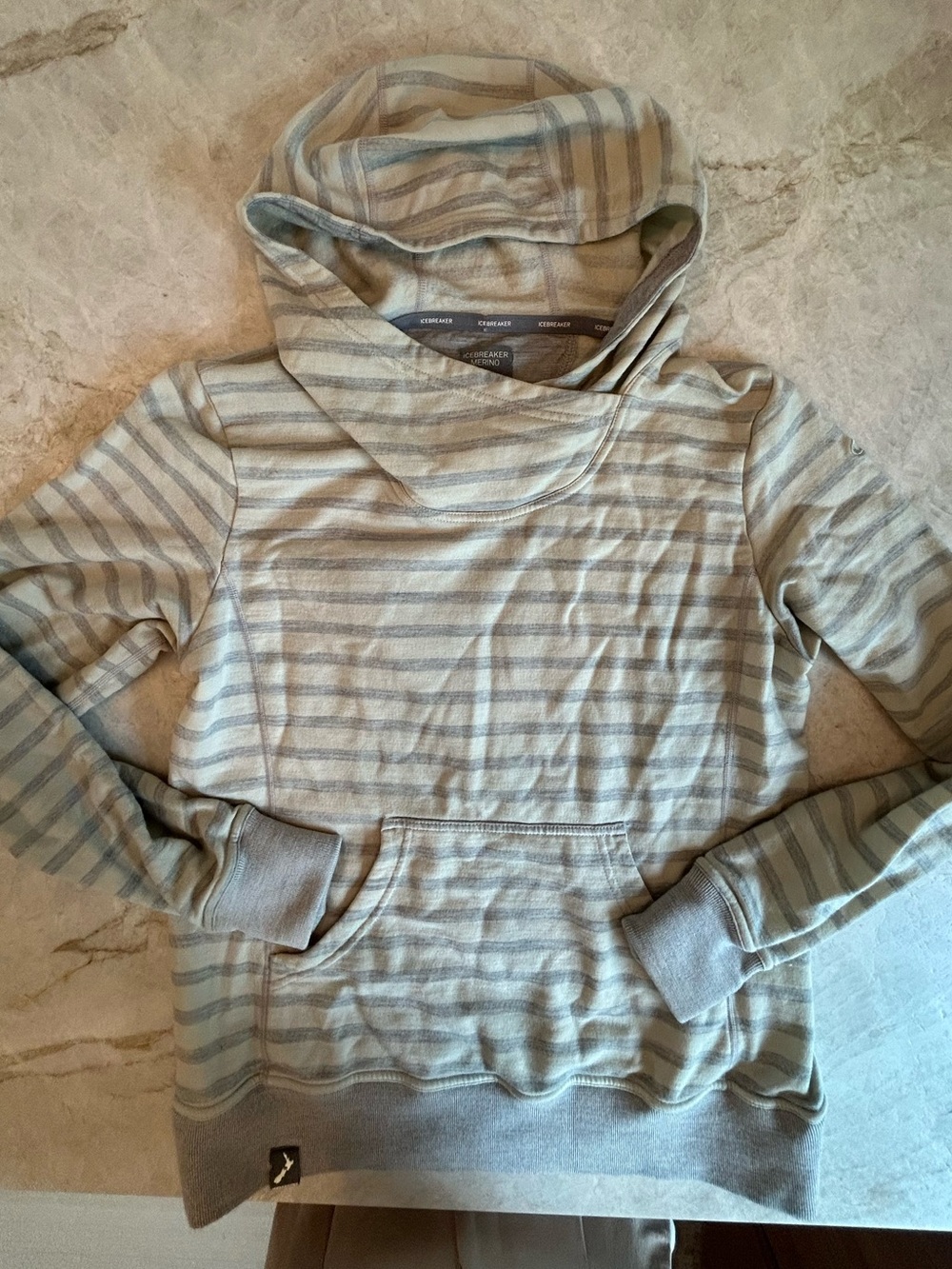 Icebreaker Merino Wool Striped Hoodie Pullover Kangaroo Pocket Women’s L
